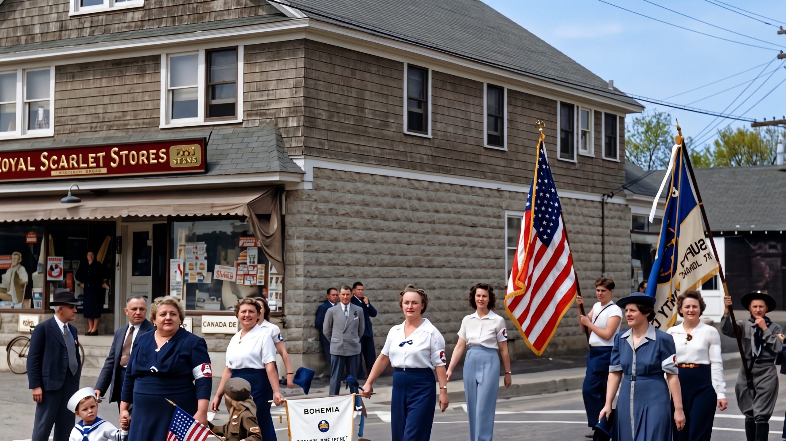 A parade with American flags and a Bohemia banner passes the Royal Scarlet Stores market at Locust Avenue and Church Street